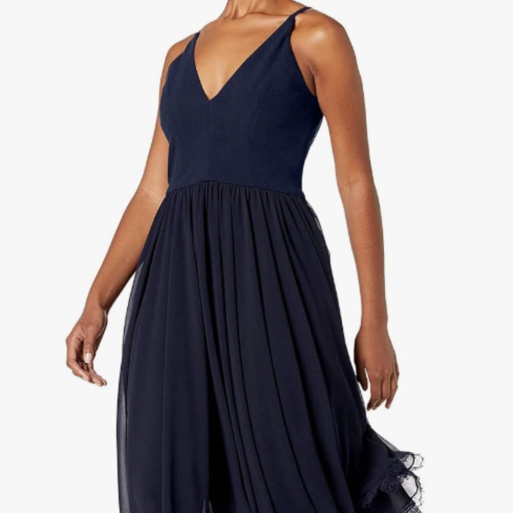 Dress the Population Alicia Plunging Mix Media Sleeveless Fit & Flare Small Navy
